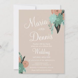 Invitation Mariage botanique moderne floral pêche et vert