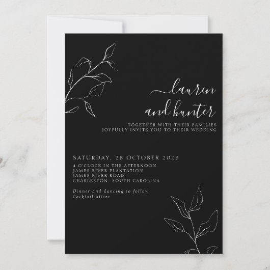 Invitation Mariage botanique moderne noir blanc Script (Devant)