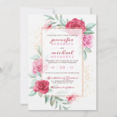 Invitation Mariage botanique moderne rose et rouge chic (Devant)