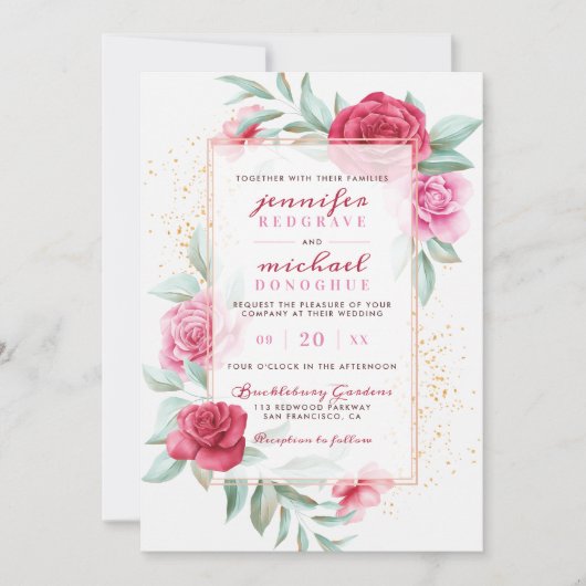 Invitation Mariage botanique moderne rose et rouge chic (Devant)