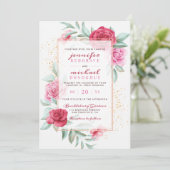 Invitation Mariage botanique moderne rose et rouge chic (Debout devant)