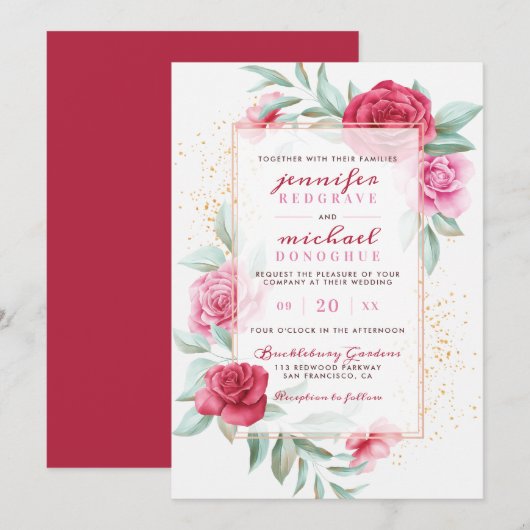 Invitation Mariage botanique moderne rose et rouge chic (Devant / Derrière)