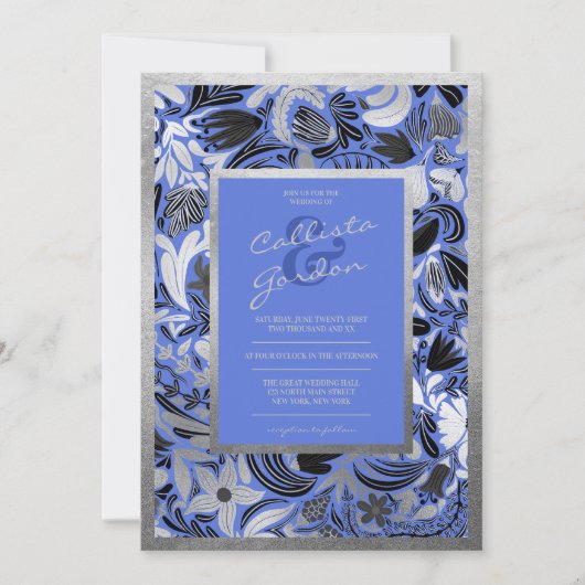 Invitation Mariage botanique moderne Silver Blue Black Floral (Devant)