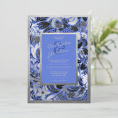 Invitation Mariage botanique moderne Silver Blue Black Floral (Debout devant)