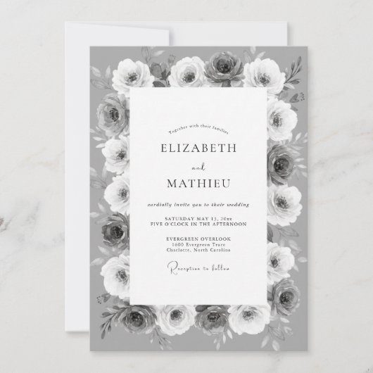 Invitation Mariage Botanique Monochrome Argent (Devant)