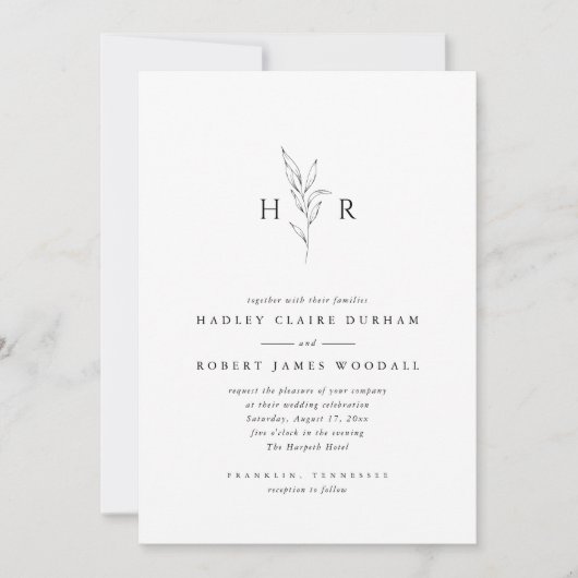 Invitation Mariage botanique monogramme simple (Devant)