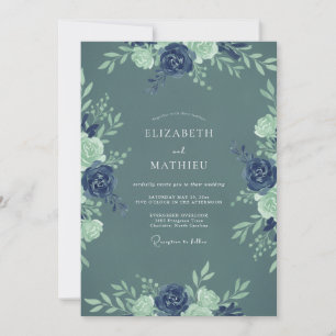 Invitation Mariage Botanique Naval Bleu Ardoise