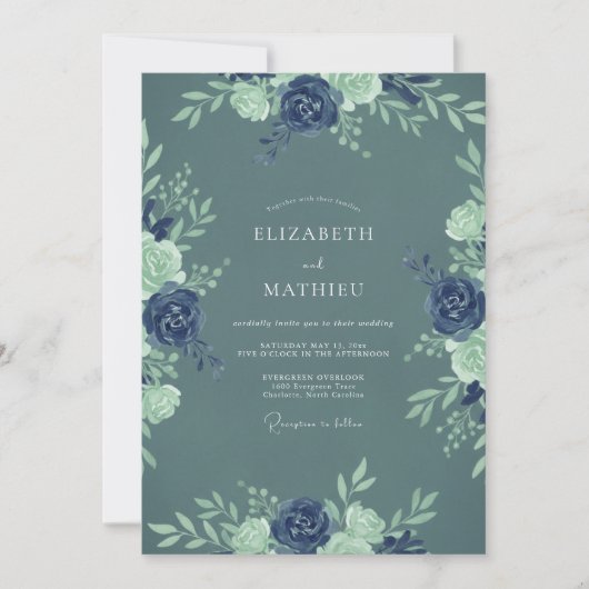 Invitation Mariage Botanique Naval Bleu Ardoise (Devant)