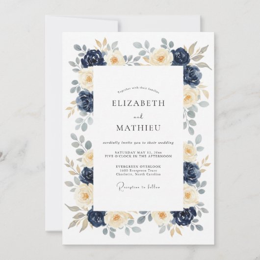 Invitation Mariage Botanique Navy Poli (Devant)