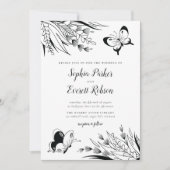 Invitation Mariage botanique noir blanc stylo encre papillon (Devant)