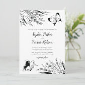 Invitation Mariage botanique noir blanc stylo encre papillon (Debout devant)