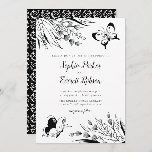 Invitation Mariage botanique noir blanc stylo encre papillon (Devant / Derrière)