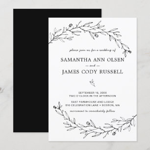 Invitation Mariage botanique noir et blanc dessiné à la main