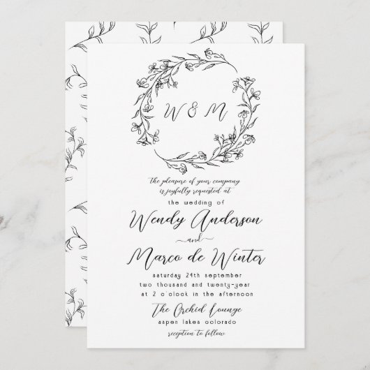 Invitation Mariage botanique noir et blanc minimal (Devant / Derrière)