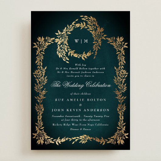 Invitation Mariage Botanique Or Cadre Classic Emerald Green