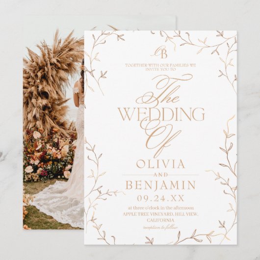 Invitation Mariage botanique or et blanc Devine (Devant / Derrière)