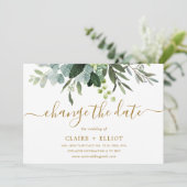 Invitation Mariage botanique or et vert Changement de date (Debout devant)