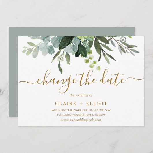 Invitation Mariage botanique or et vert Changement de date (Devant / Derrière)