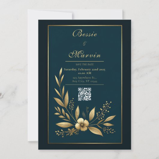 Invitation Mariage Botanique Or Navy Emouvant (Devant)