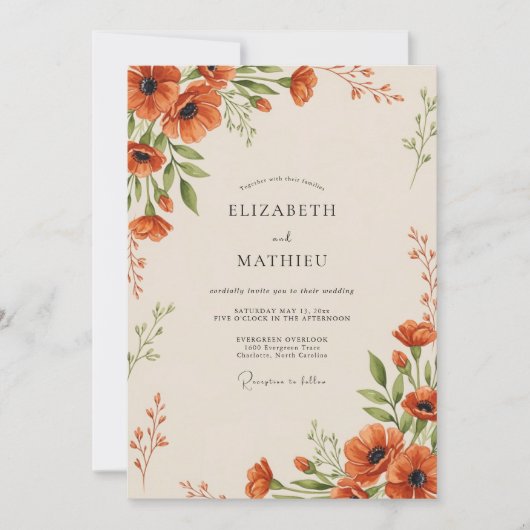 Invitation Mariage Botanique Orange Impressionniste (Devant)