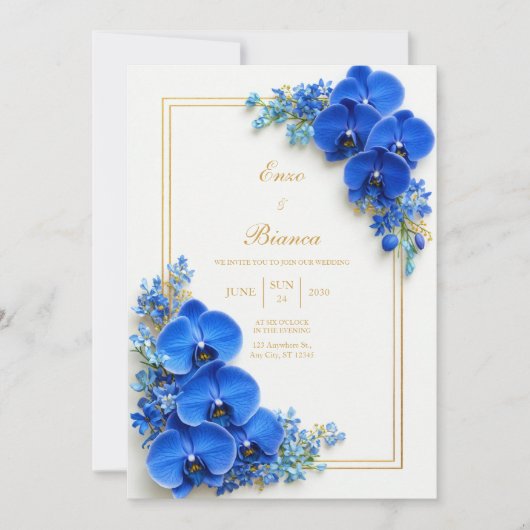 Invitation Mariage Botanique Orchidée Dorée Bleu Saphir (Devant)