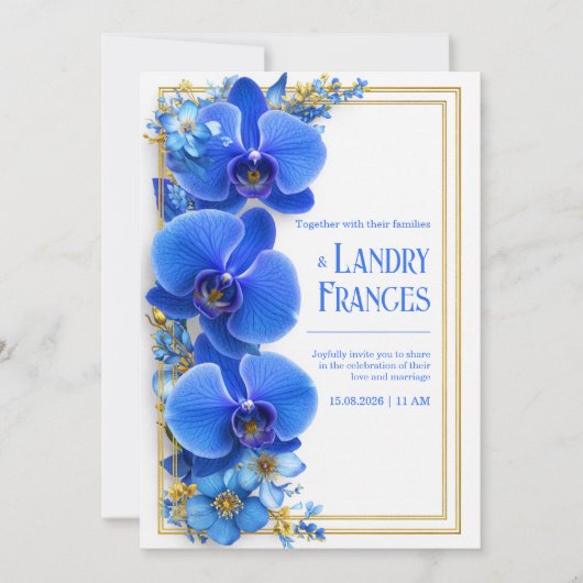 Invitation Mariage Botanique Orchidée Gildée Bleu Cobalt (Devant)