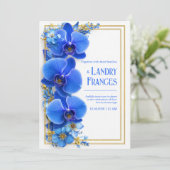 Invitation Mariage Botanique Orchidée Gildée Bleu Cobalt (Debout devant)