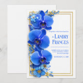 Invitation Mariage Botanique Orchidée Gildée Bleu Cobalt (Devant / Derrière)