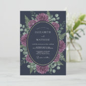 Invitation Mariage Botanique Orné Bleu Marine (Debout devant)