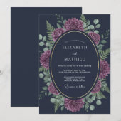 Invitation Mariage Botanique Orné Bleu Marine (Devant / Derrière)