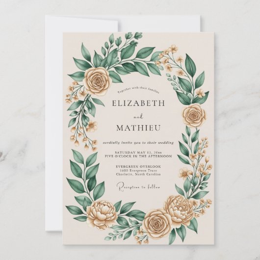 Invitation Mariage Botanique Orné Champagne (Devant)