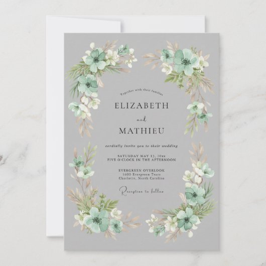 Invitation Mariage Botanique Orné de Vert Menthe (Devant)