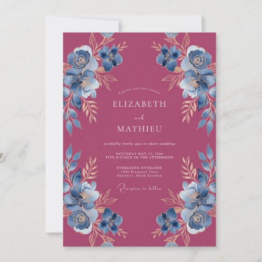Invitation Mariage Botanique Orné Magenta (Devant)