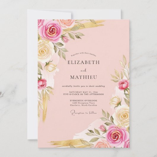 Invitation Mariage Botanique Orné Rose Tendre (Devant)