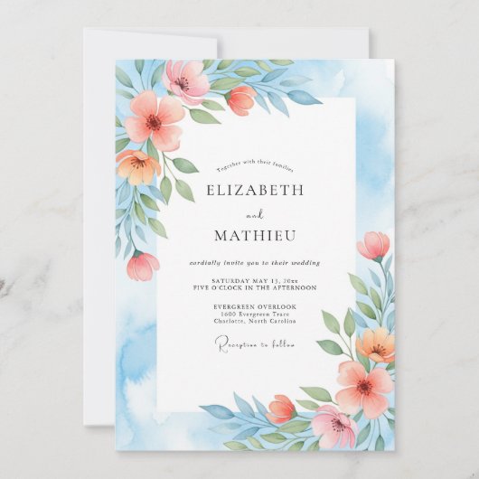 Invitation Mariage Botanique Painterre de Bleu Corail (Devant)