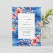 Invitation Mariage botanique pictural au corail bleu (Debout devant)