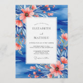 Invitation Mariage botanique pictural au corail bleu (Devant)