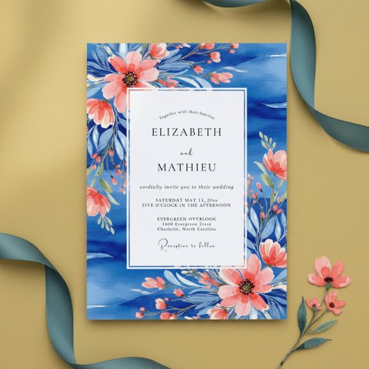 Invitation Mariage botanique pictural au corail bleu