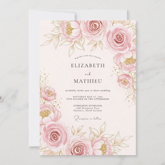 Invitation Mariage Botanique Pittoresque Rose Clair (Devant)