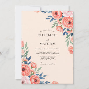 Invitation Mariage Botanique Printanier Indigo et Pêche