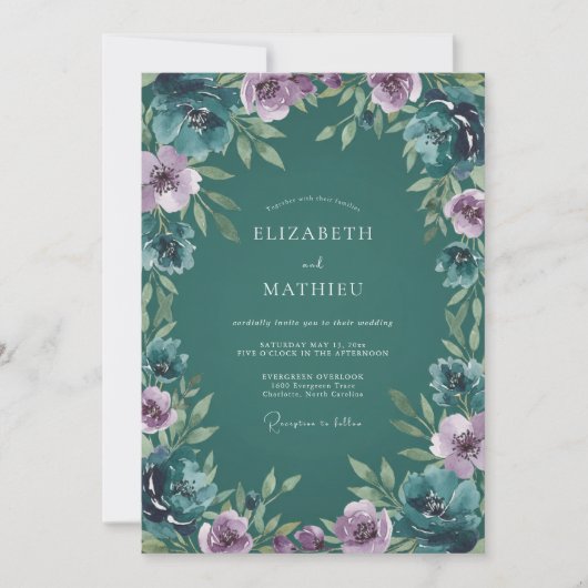 Invitation Mariage Botanique Profond Turquoise Lustré (Devant)