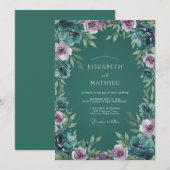 Invitation Mariage Botanique Profond Turquoise Lustré (Devant / Derrière)