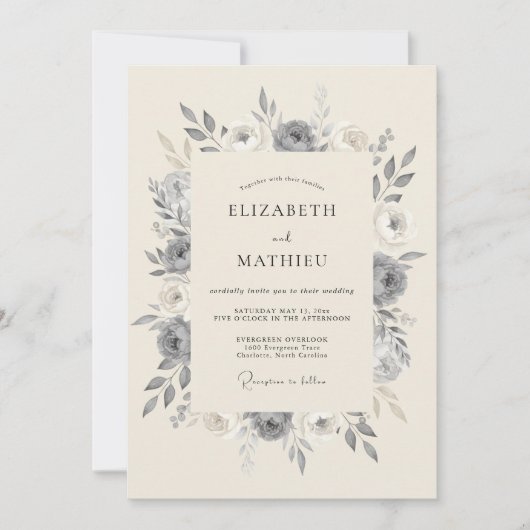 Invitation Mariage Botanique Raffiné Gris Ardoise (Devant)