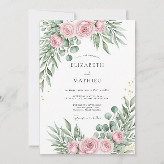 Invitation Mariage Botanique Raffiné Rose Pâle (Devant)
