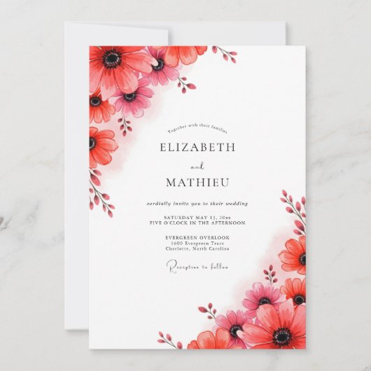 Invitation Mariage Botanique Raffiné Rouge Corail (Devant)