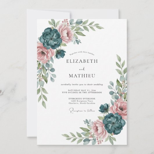 Invitation Mariage Botanique Raffiné Sarcelle (Devant)