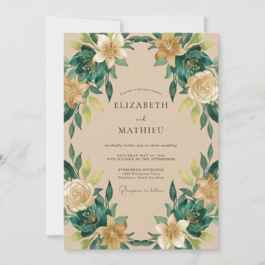 Invitation Mariage Botanique Raffiné Vert Émeraude (Devant)