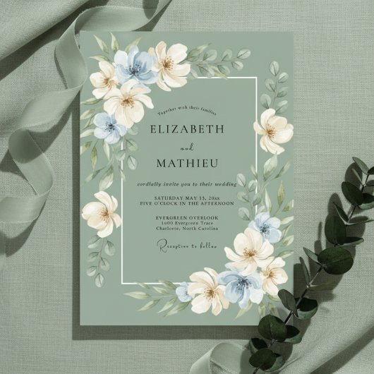 Invitation Mariage Botanique Raffiné Vert Sauge