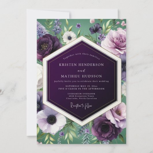 Invitation Mariage Botanique Riche Aubergine (Devant)