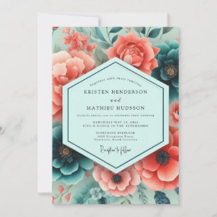 Invitation Mariage botanique riche corail sarcelle